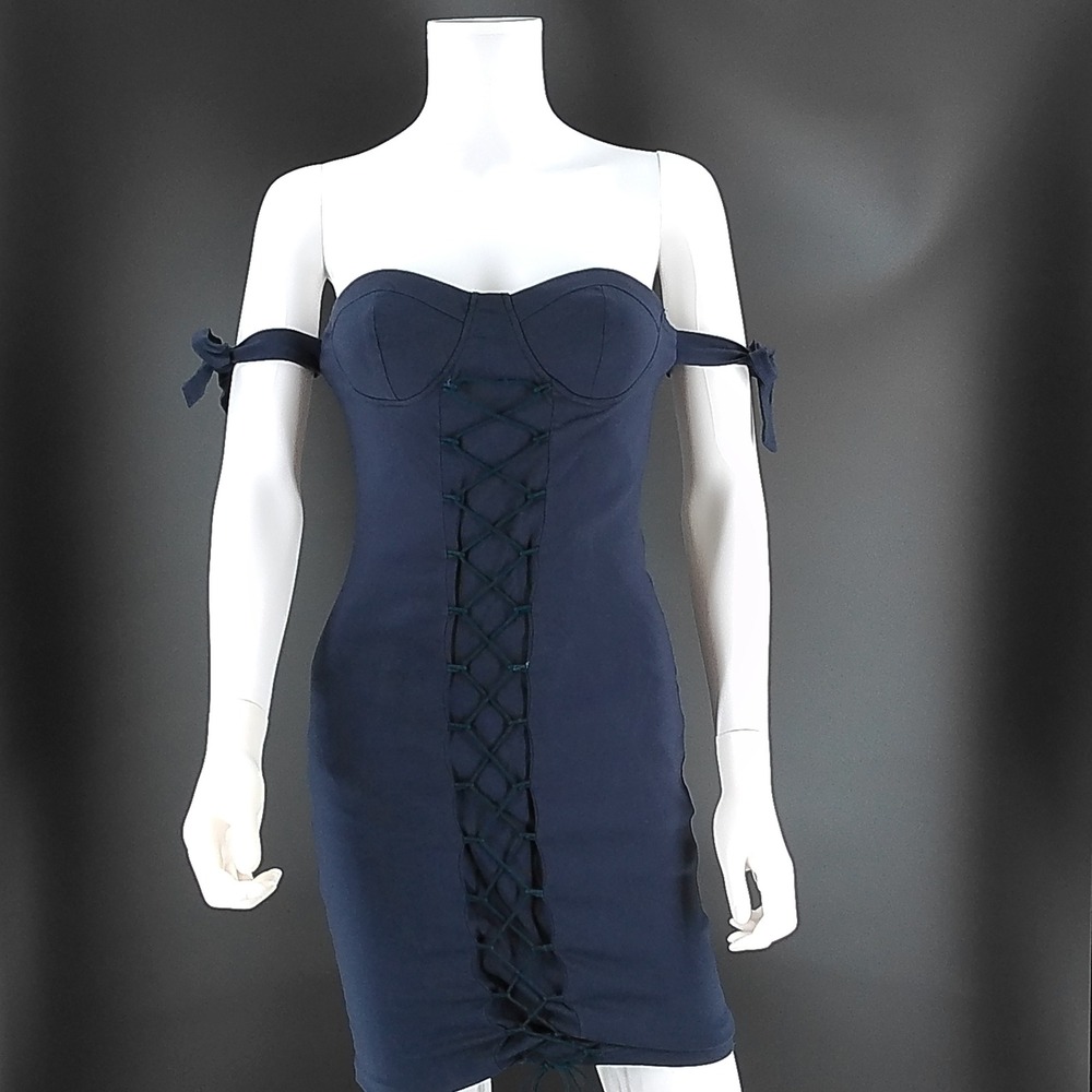 The Sang Navy Blue Lace Up Front Off Shoulder Mini Dress Medium Bodycon Corset